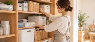 棚の収納を整える家事代行スタッフ