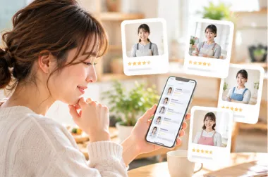 スマートフォンで家事代行スタッフのプロフィールを見比べる女性