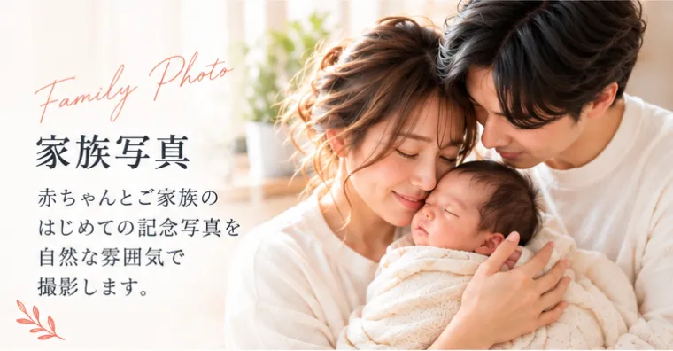 Family Photo 家族写真。赤ちゃんとご家族のはじめての記念写真を自然な雰囲気で撮影します。