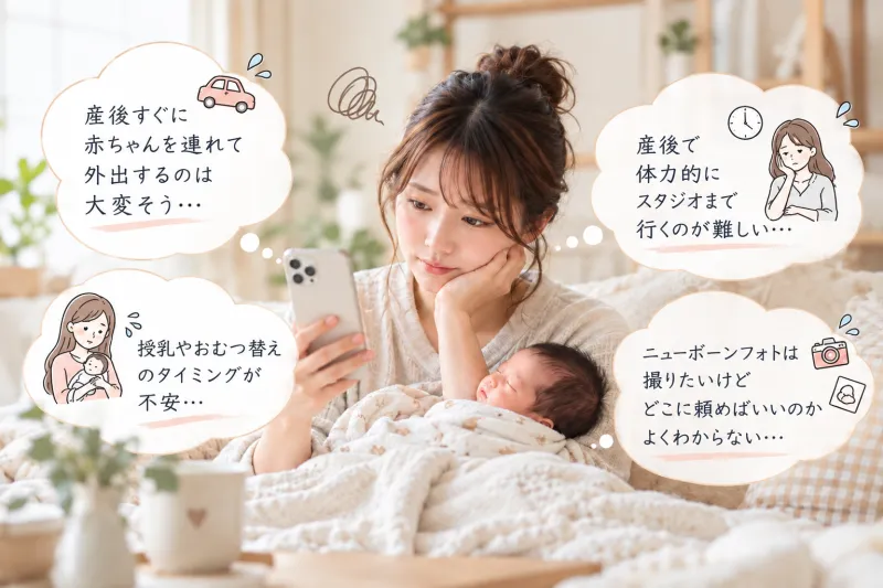赤ちゃんを抱いてスマートフォンを見ながら悩む母親。産後すぐに赤ちゃんを連れて外出するのは大変そう／産後で体力的にスタジオまで行くのが難しい／授乳やおむつ替えのタイミングが不安／ニューボーンフォトは撮りたいけどどこに頼めばいいのかよくわからない