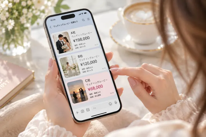 スマートフォンでウェディングムービーの見積もりを見比べる様子