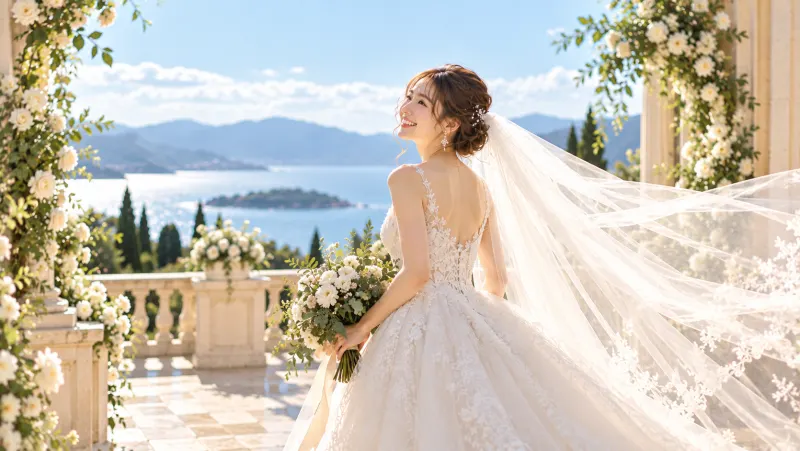 海を背にベールをなびかせる新婦