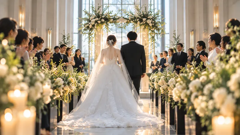 チャペルのバージンロードを歩く新郎新婦