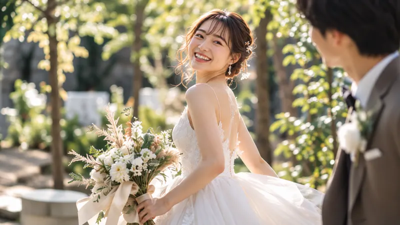 ガーデンで振り返って笑う新婦
