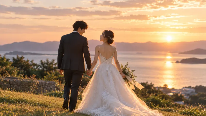 夕日の海を眺める新郎新婦の後ろ姿