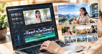 編集ソフトの画面とサムネイル案が並ぶ様子
