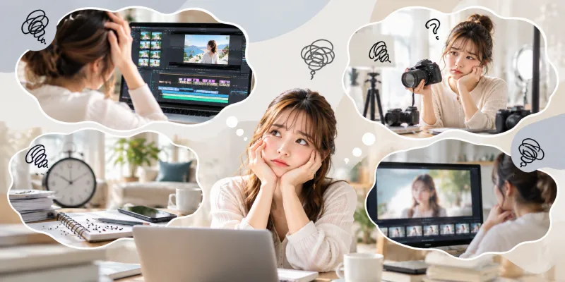 動画の編集作業や撮影、時間の使い方に悩む女性